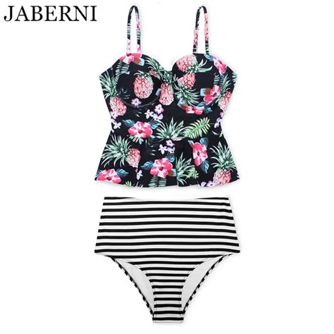 jaberni retro high waist swimwear sexy push up floral bikini 2017 striped bottom swimsuit women