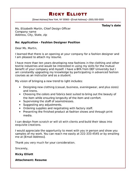 This specific cover letter template should talk a fashion designer cover letter contains all the professional experiences of an applicant in fabric selection, sewing techniques, fashion design. Fashion Cover Letter Sample