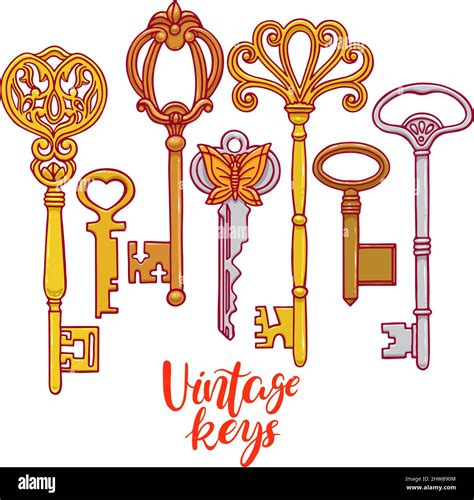 Beautiful Set Of Different Vintage Keys Hand Drawn Illustration Stock