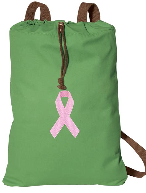 Pink Ribbon Drawstring Backpack Natural Cotton Pink Ribbon Cinch Bag