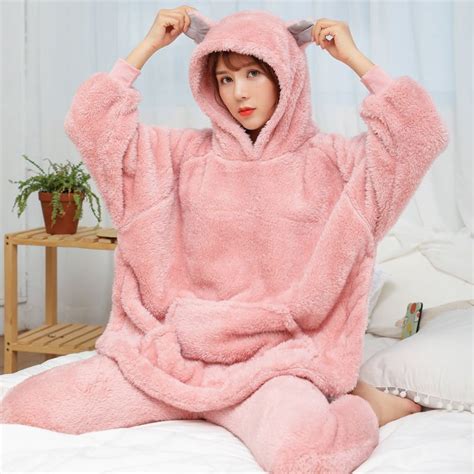 2 Pcs Winter Women Pajamas Sets Sleepwear Long Sleeves Warm Pajama