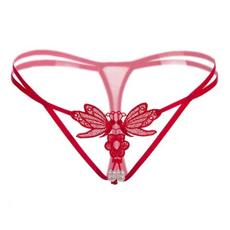 1 pcs sexy lace butterfly pearl panty embroidery briefs pearl hollow thong underwear g string
