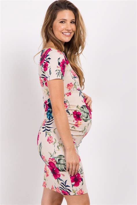 Pinkblush Cream Hibiscus Floral Fitted Maternity Dress Fitted Maternity Dress Casual