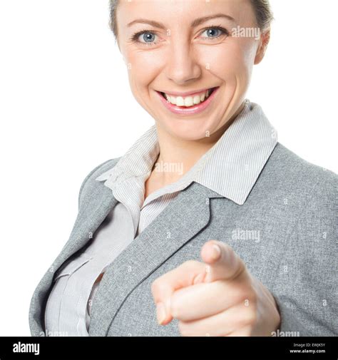 Portrait Of Young Business Woman Pointing Finger At Viewer Isolated
