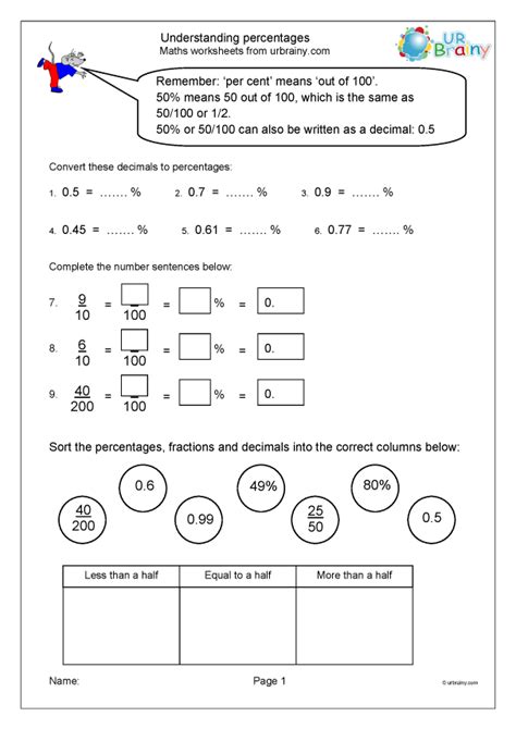 Understanding Percentages Fraction And Decimal Worksheets For Year 5