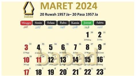 Daftar Kalender Maret 2024 Tanggal Merah Weton Jawa Lengkap Kamis Pon