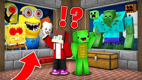 JJ And Mikey HIDE From SCARY SPONGEBOB And BANDITS In Minecraft Maizen