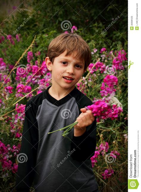 Cute Little Boy With A Bouquet Of Flowers Stock Image Image Of