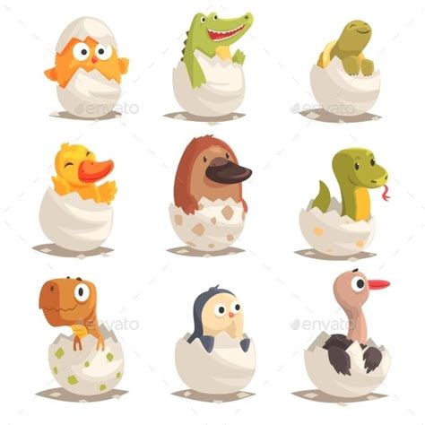 Chicks And Reptiles Hatch From Eggs Set Baby Animals Cute Doodles