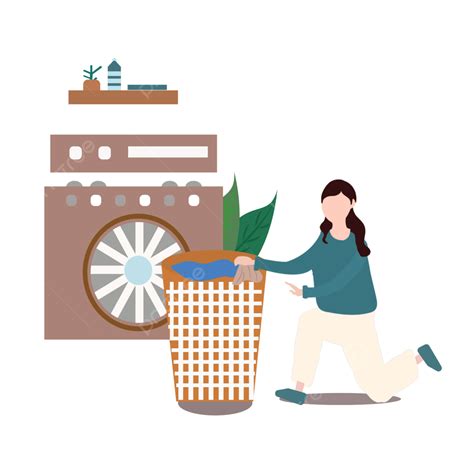 Kartun Wanita Angin Sedang Mencuci Pakaian Set Tinta Mesin Cuci Dun