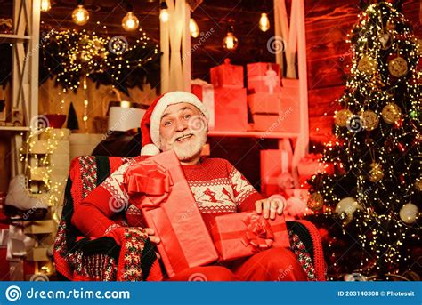 Traditions Concept Legend About Santa Claus Merry Christmas Elderly Grandpa At Home
