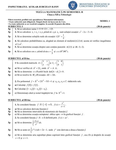 Modele Teza Matematica 2018 Semestrul 2 Clasa A 12 A Tehnologic M2