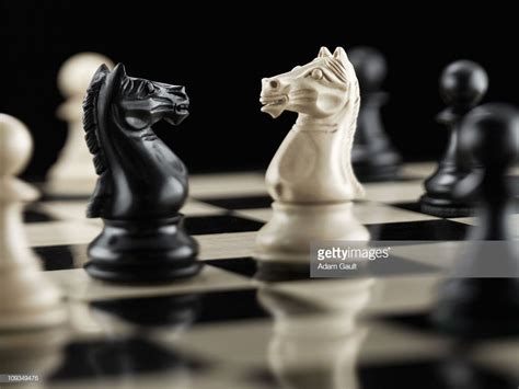 Stock Photo Knight Chess Pieces Facing Each Other On Chess Board