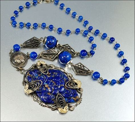 Czech Blue Glass Bead Necklace Art Deco Jewelry Silver Pearl