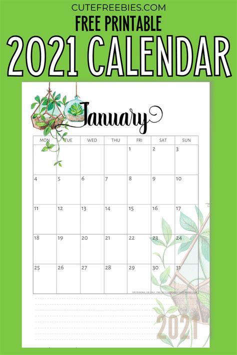 Free Printable 2021 Calendar Plants Cute Freebies For You