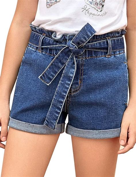 Lookbookstore Girls Denim Shorts Cuffed Hem High Waisted Belted Jean Shorts 4 13 Years Buy