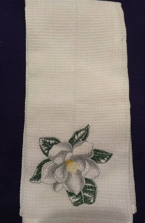 Kitchen Towel With Embroidered Magnolia Etsy