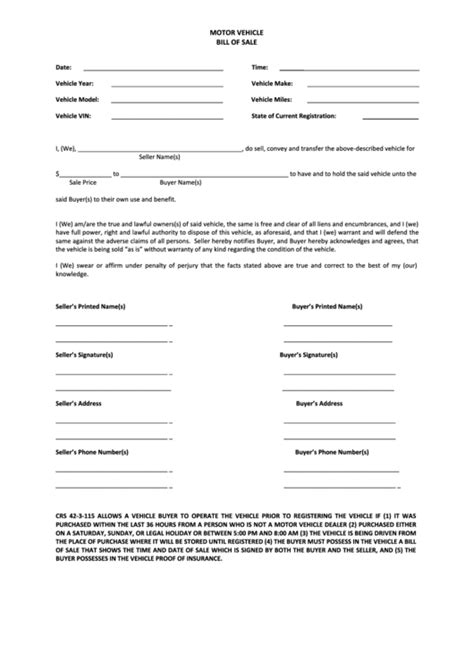 Fillable Motor Vehicle Bill Of Sale Template Printable Pdf Download