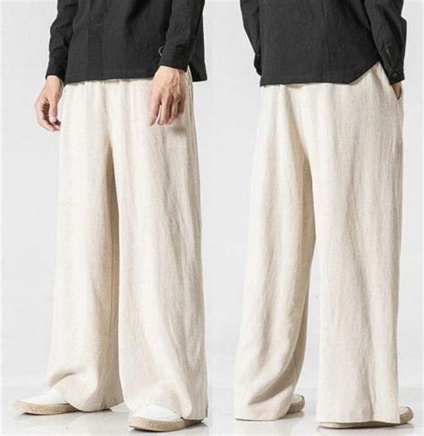 Mens Linen Cotton Pants Chinese Style Wide Leg Trousers Loose Kung Fu