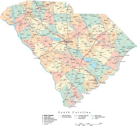South Carolina Digital Vector Map With Counties Major
