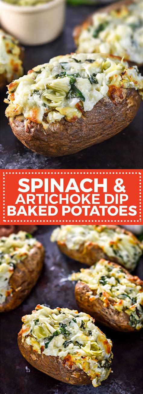 In a large bowl, mash pulp with milk and butter, adding spinach, monterey jack cheese, 1/4 cup cheddar cheese, onion, salt and pepper. Spinach and Artichoke Dip Baked Potatoes - Host The Toast