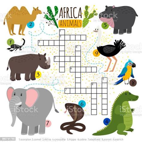 Ilustración De Crucigrama De Animales De Safari En África Y Más