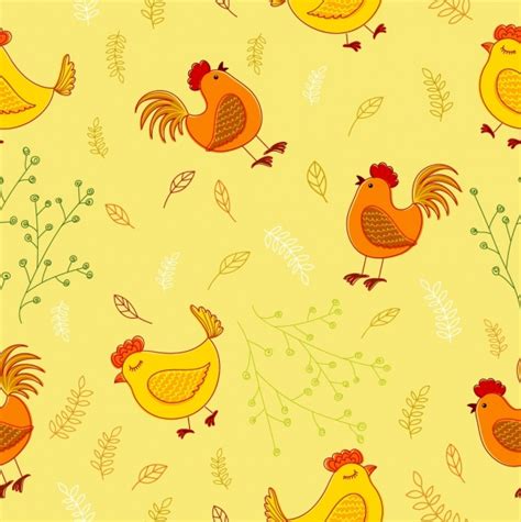 Chicken Background Multicolored Handdrawn Flat Repeating Design Vectors