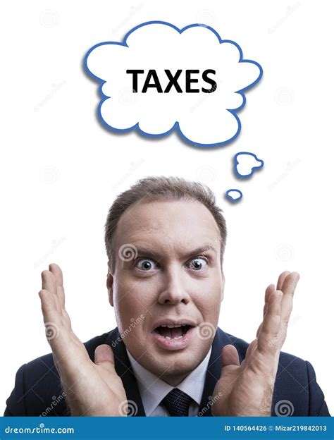 Portrait Of A Man Is Surprised About Taxes With A Cloud Stock Photo