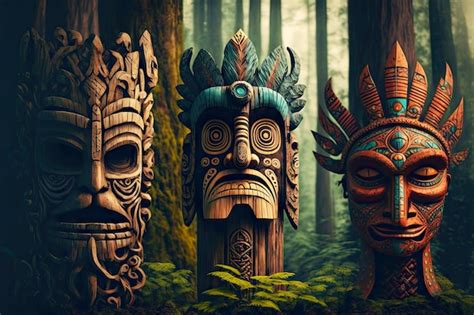 Premium Photo Ethnic Wooden Idols Totems Of Indians Tiki Mask In Forest