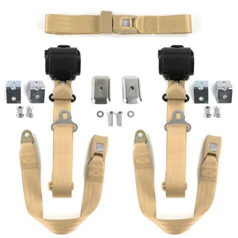 Standard 3 Point Tan Retractable Bench Seat Belt Kit With Bracketry And 3