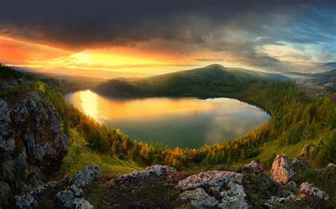 Nature Landscape Sunset Lake Mountain Sky Forest Clouds China