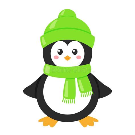 Little Cartoon Penguin In A Green Hat And Scarf Isolated On A White