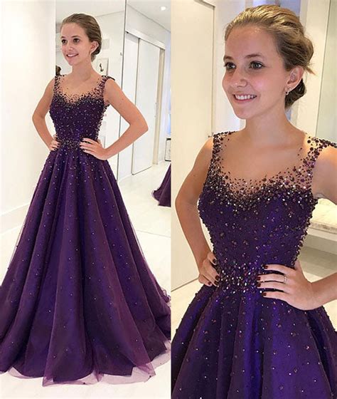 Purple Round Neck Tulle Beads Long Prom Dress Purple Evening Dress
