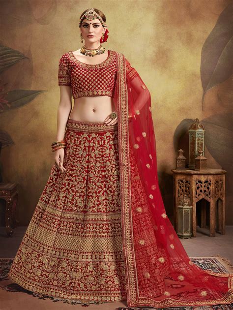 Red Velvet Bridal Lehenga Choli With Zari Embroidery In 2020 Bridal Lehenga Choli Lehenga