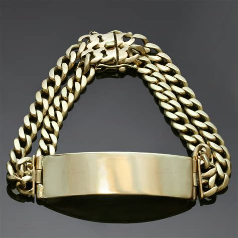 It is chisselled out of premium quality 10k yellow gold and is caged back for comfort and durability. 18k Yellow Gold ID Mens Bracelet-MTSJ11732