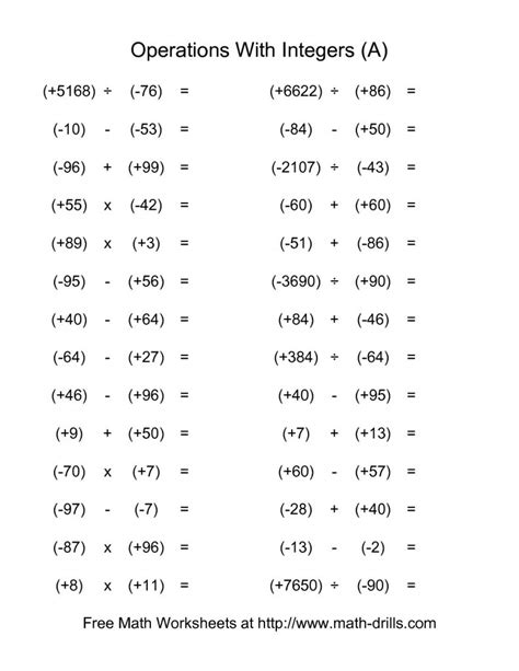 Whole Numbers And Integers Grade 7 Worksheets