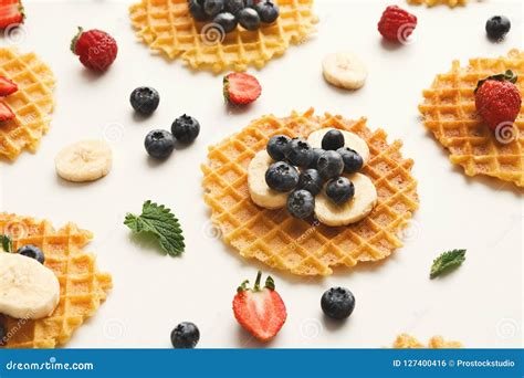 Round Waffles With Fruits Tasty Breakfast Background Stock Photo