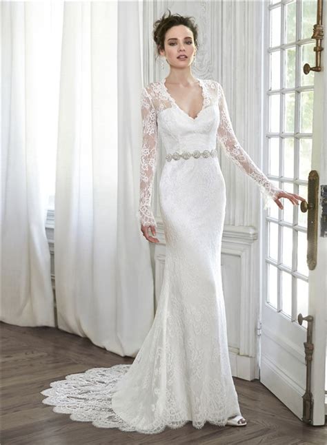 Elegant Mermaid V Neck Illusion Back Long Sleeve Lace Wedding Dress