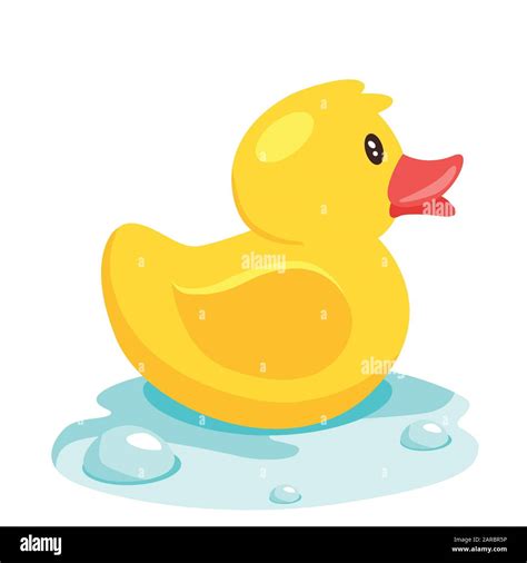 Yellow Cute Cartoon Rubber Bath Duck In Blue Water Vector Illustration