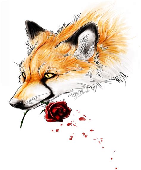 Ginger Fox Keeping A Red Rose In The Mouth Tattoo Design By White