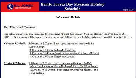 Clx Port Benito Juarez Holiday Schedule Rl Jones Customhouse