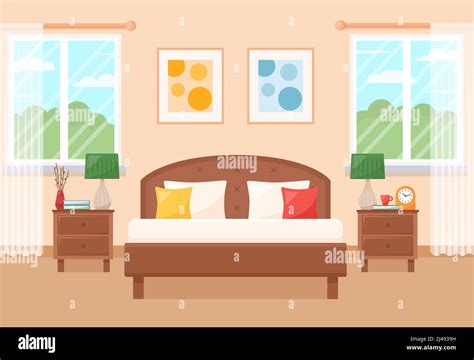 Cozy Bedroom Interior With Furniture And Windows Vector Illustration
