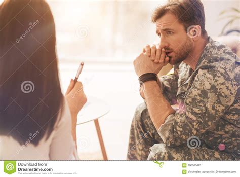 Sad Military Man Wrinkling His Forehead Stock Image Image Of Concern