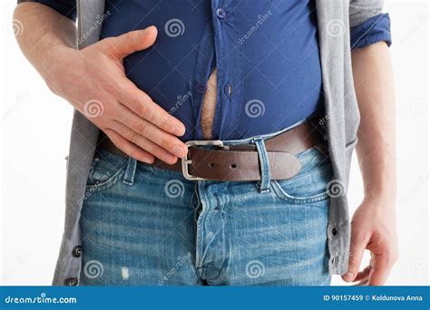 The Man Holds His Hand Over His Swollen Abdomen Stock Image Image Of