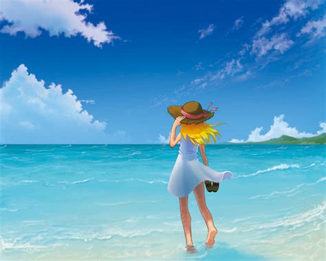 Safebooru Bare Foot Beach Blonde Hair Sky Straw Hat Summer Dress 247