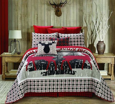 Merry Christmas Reindeer Plaid Red Holiday 3 Piece Quilt Bedding Set