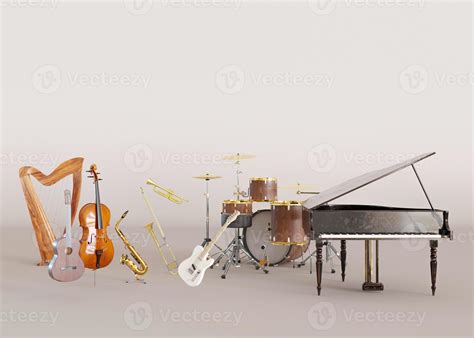 Different musical instruments on beige background. Copy space for text