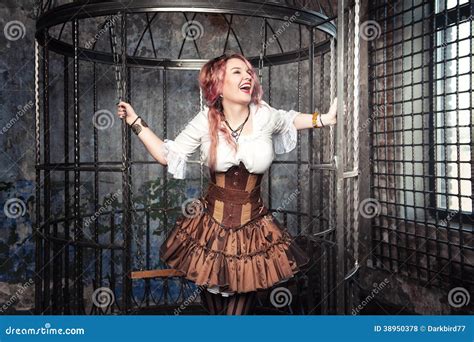 Screaming Beautiful Steampunk Woman In The Cage Stock Photo Image Of