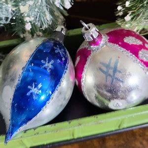 Vintage POLAND Christmas Ornaments One Blue Silver Striped Small