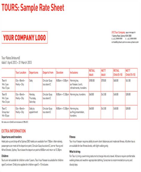 Free 12 Rate Sheet Templates In Pdf